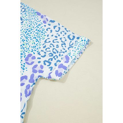 Sky Blue Leopard Print Short Sleeve V Neck Plus Size Top
