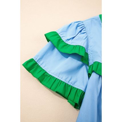 Mist Blue Contrast Notched Neck Frilly Detail Short Sleeve Blouse