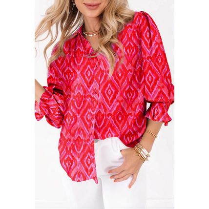 Strawberry Pink Western Aztec Geometric Ruffled 3/4 Sleeve Shirt