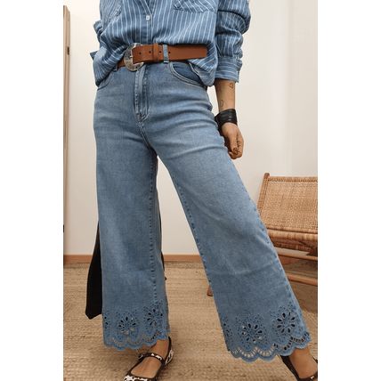 Dusk Blue Embroidered Cropped Wide Leg High Waist Jeans