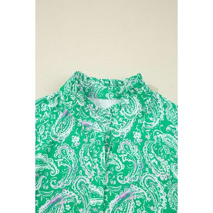 Green Paisley Print Long Sleeve Button Front Tied Waist Mini Dress