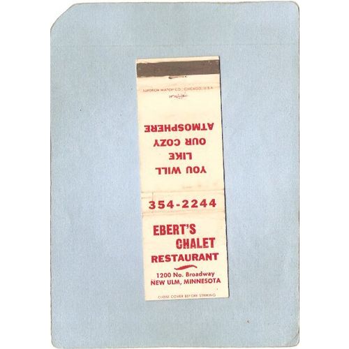 MN New Ulm Matchcover Ebert's Chalet Restaurant 1200 No Broadway w/Food Li~95