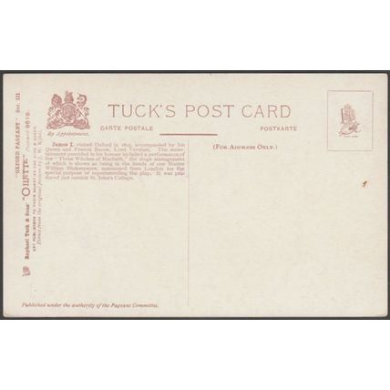 Visit of King James I to Oxford in 1605, Oxford Pageant, 1907 - Tuck's Postcard