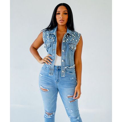 jacket denim shawl for women Dingzhu inlaid diamond denim vest