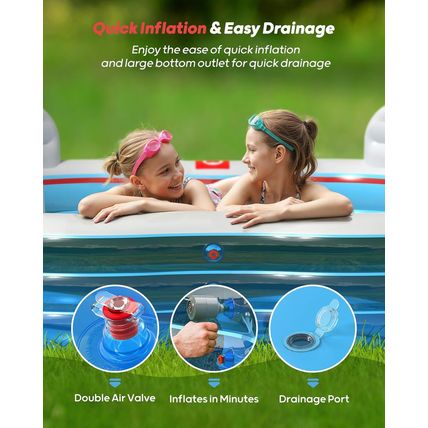 QPAU Inflatable Swimming Pool, Full-Sized Blow up Pools with Seats and Backrests