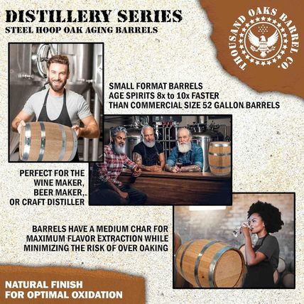 1 Gallon Oak Aging Barrel (Distillery Series - Steel Hoops, Unvarnished) with Wo