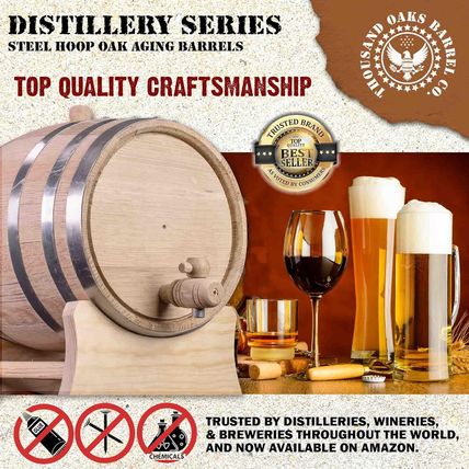 1 Gallon Oak Aging Barrel (Distillery Series - Steel Hoops, Unvarnished) with Wo