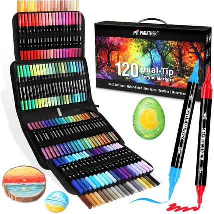 120 Colors Acrylic Paint Markers, Dual Tip Fine and Brush Tips Pens Contain 24 M