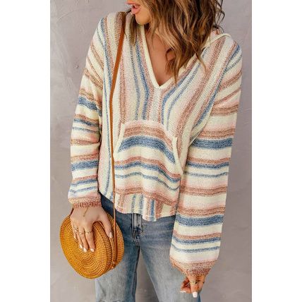 Multicolor Striped Knit Kangaroo Pocket Hooded Sweater