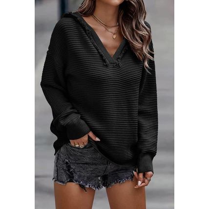 Black V Neck Ribbed Drop Shoulder Hooded Sweater