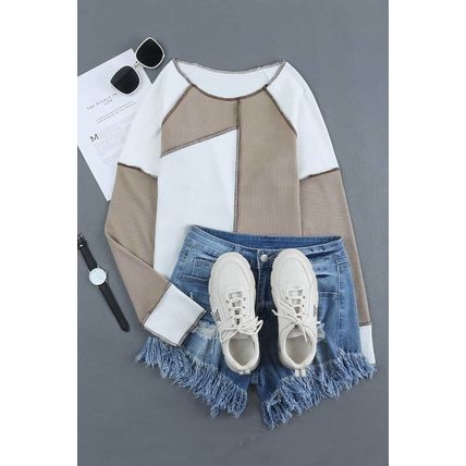 White Irregular Color Block Seaming Trim Rib Knit Top