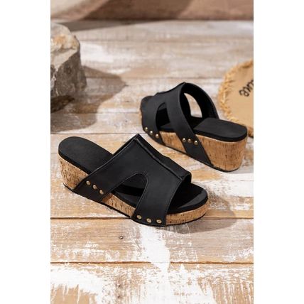 Black Cut Out Rivet Slip-on Wedge Slippers
