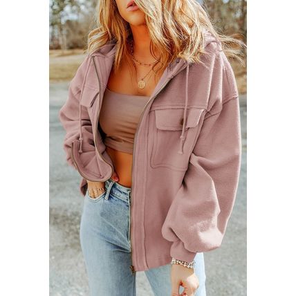 Pink Flap Pocket Drawstring Hood Zip Up Jacket