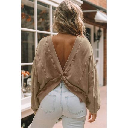 Khaki Exposed Seam Twist Open Back Oversized Sweatshirt