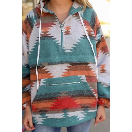 Multicolor Aztec Print Zipped Split Neck Hoodie