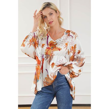 Multicolour Floral Print V Neck Babydoll Blouse