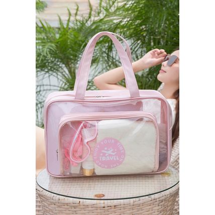 Pink Waterproof Multi Pockets Transparent Travel Makeup Bag