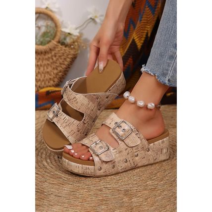 Pale Khaki Retro Buckle Studded Platform Slippers
