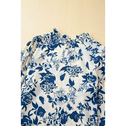 Sky Blue Floral Print Flounce Sleeve Keyhole Back Blouse