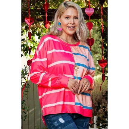 Rose Stripe Color Block Crewneck Long Sleeve Plus Size T Shirt
