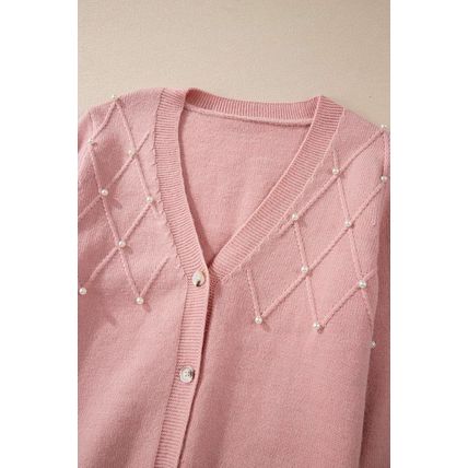 Sepia Rose Textured Knit Pearl Beaded Button Up Cardigan