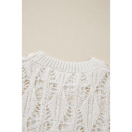 White Cut Out Crochet Crew Neck Loose Fit Sweater