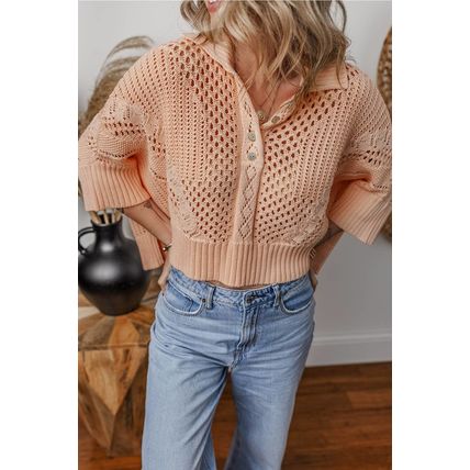 Apricot Pink Hollowed Knit 3/4 Dolman Sleeve Buttoned Collared Sweater