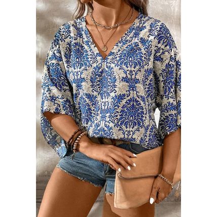Blue Plus Size Ethnic Printed 3/4 Sleeve V Neck Loose Blouse
