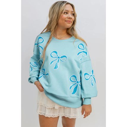 Beau Blue Sequined Bowknot Drop Shoulder Oversized Sweatshirt