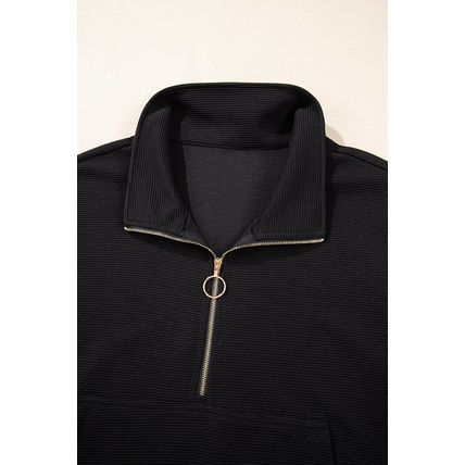 Black Textured Half Zip Kangaroo Pocket Top Drawstring Shorts Set