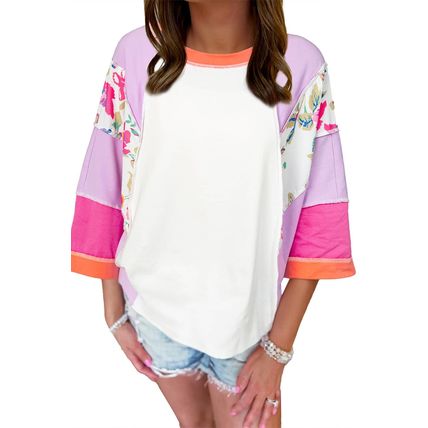 Sachet Pink Floral Color Block Patchwork 3/4 Sleeve Casual Blouse