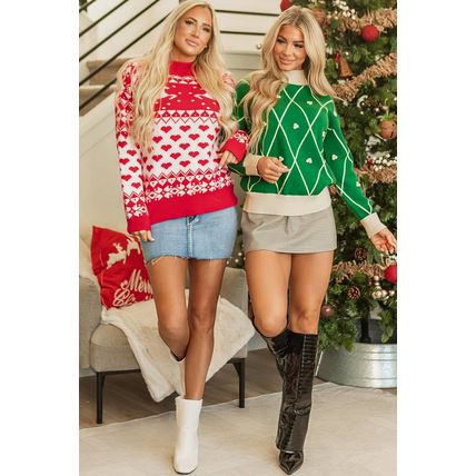 Fiery Red Merry Christmas Reindeer Heart Pattern High Neck Sweater