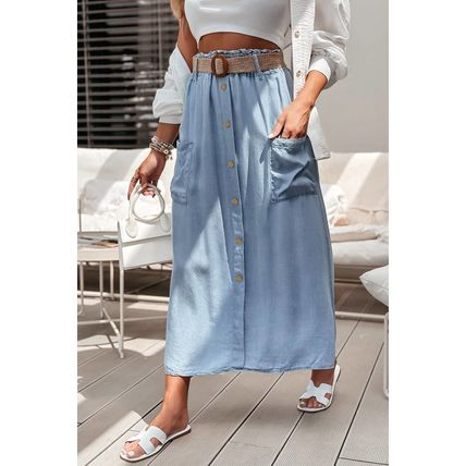 Beau Blue Buttoned Front High Waist Side Pockets Denim Maxi Skirt