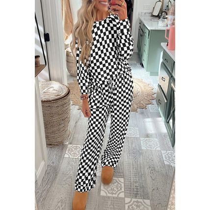 Black Checkered Print Long Sleeve Top and Pants Lounge Set