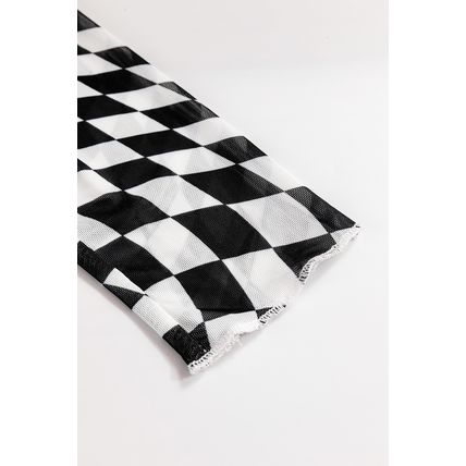 Black Checkered Pattern Mesh Mock Neck Long Sleeve Top