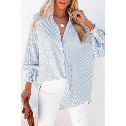 Sky Blue Smocked Cuffed Striped Boyfriend Shirt with Pocket