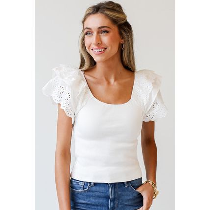 White Eyelet Ruffle Sleeve Slim Fitted Top