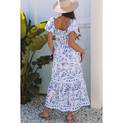 Sky Blue Floral Print Square Neck Bubble Sleeve High Waist Maxi Dress