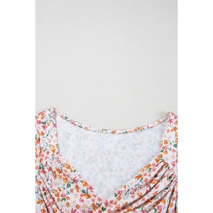 Orange Short Sleeve Floral Ruched Sweetheart Bodysuit
