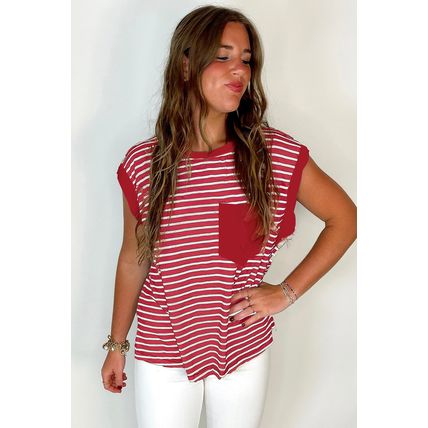 Red Stripe Chest Pocket Patch Round Neck Tank Top