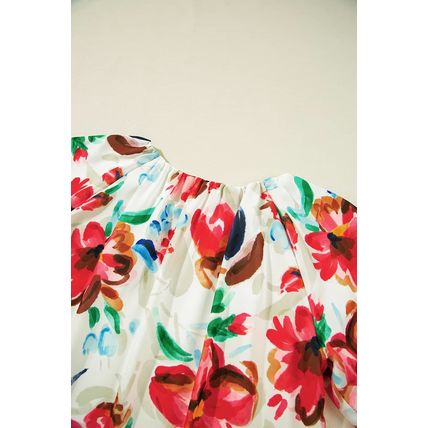 White Floral Print Puffy Half Sleeve Blouse