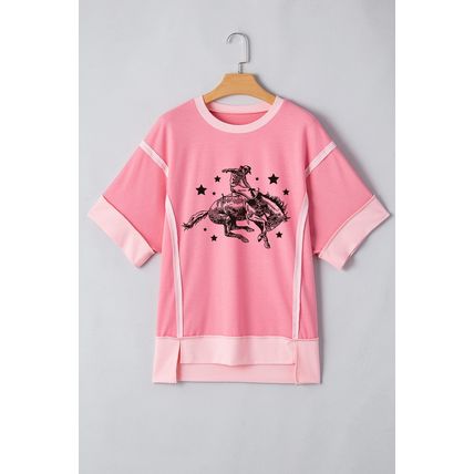 Peach Blossom Raw Seam Mix Texture Patchwork Rodeo Graphic Tee