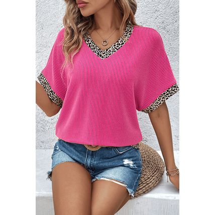 Bright Pink Leopard Patchwork Corded Texture V Neck T Shirt