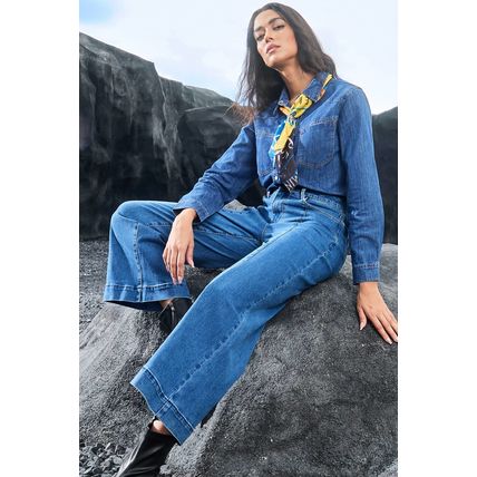 Dark Blue Plain Seam Detail Flared Bottom Ankle Length Jeans