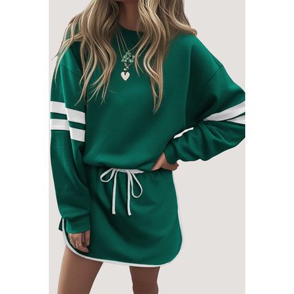 Evergreen Varsity Stripe Detail Drop Shoulder Pullover Mini Skirt Set
