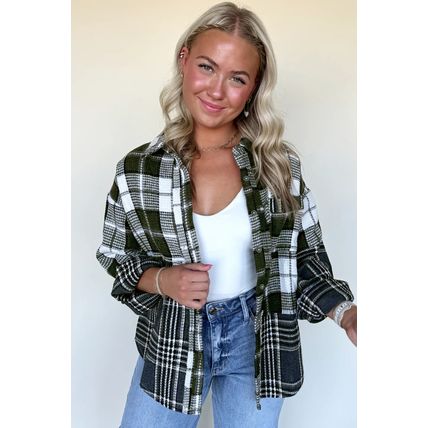 Black Plaid Print Textured Knit Buttoned Shacket