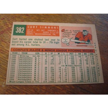 1959 Topps, CURT SIMMONS, #382, Phillies