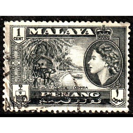 Malaya Penang 1957 Copra Queen Elizabeth II 1c Used Stamp QE II