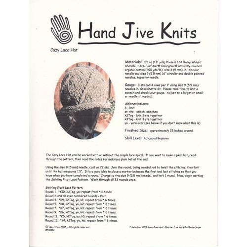 Hand Jive Knits: Cozy Lace Hat~2005~Used Knitting Leaflet