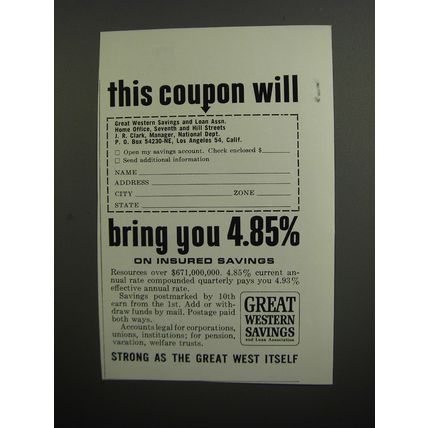 1965 Great Western Savings Ad - This coupon will bring you 4.85%